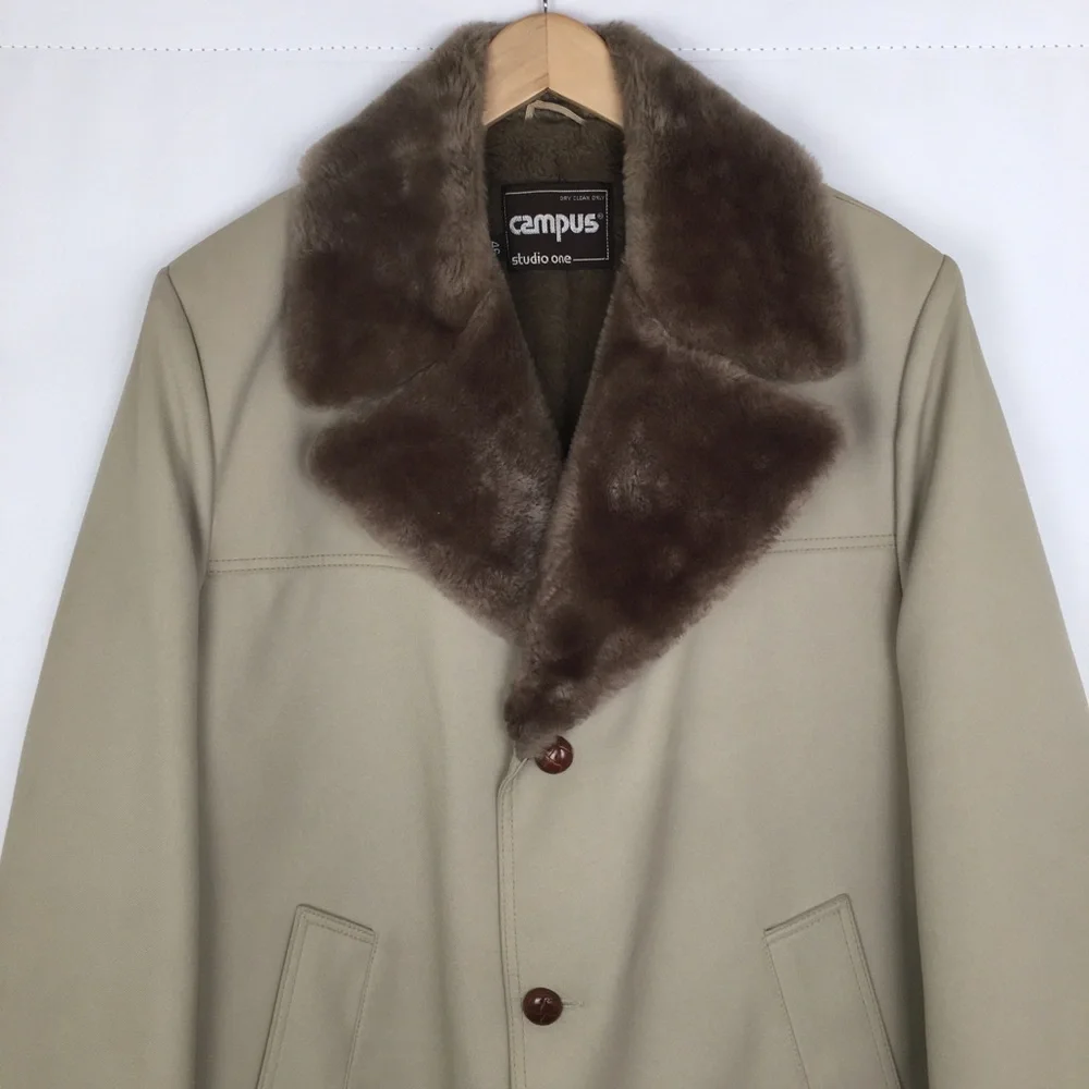 Vintage Faux Fur Trim Coat Jacket by Campus Studio One Beige Men’s Size 46 XL